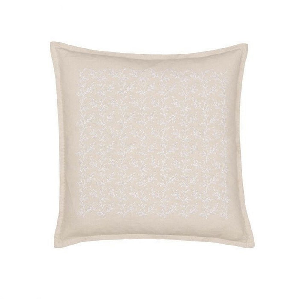 Thyme Embroidered Leaf Cushion By Murmur in Linen Beige